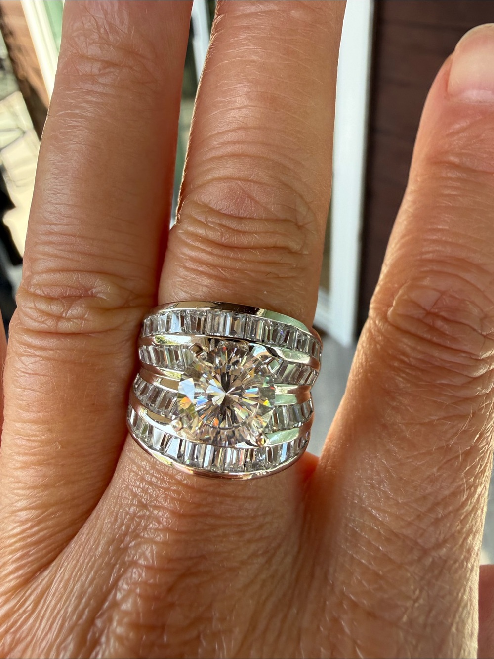 Silver-Tone Wide Band Ring with Large Clear Center Stone